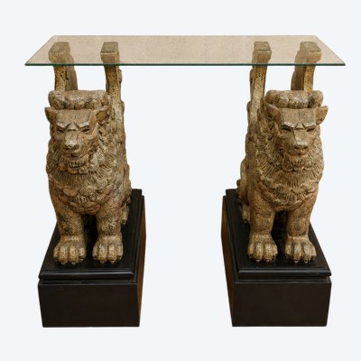 Console con leoni guardiani in legno intagliato e dorato – Opera della metà del XX secolo