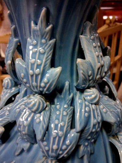 Large baluster-shaped ceramic vase from Maises, glazed in turquoise blue with a floral relief design