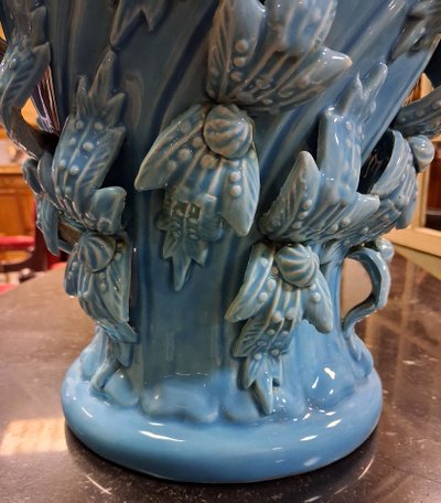 Large baluster-shaped ceramic vase from Maises, glazed in turquoise blue with a floral relief design