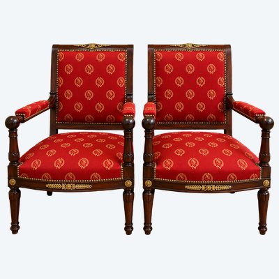 Coppia di poltrone in stile Impero in mogano con emblemi napoleonici - XIX secolo