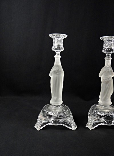 Pair of Virgin Mary & Jesus with Sacred Heart candlesticks in pressed molded glass by Portieux, circa 1950