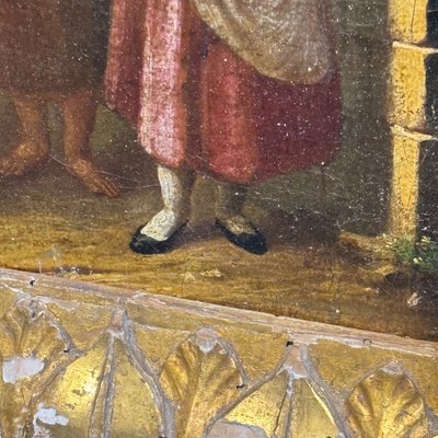 Huile sur toile ancienne, représentant trois femmes du peuple (Ciociaria, art populaire, 1868, dimensions : 27 x 25 cm).