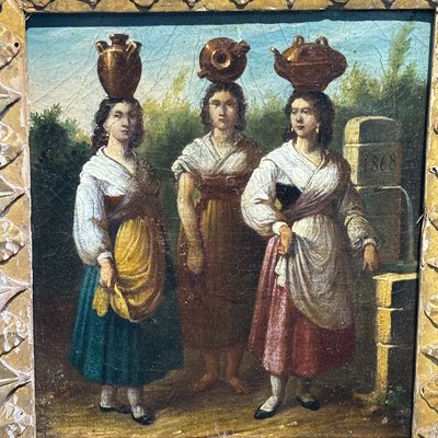 Huile sur toile ancienne, représentant trois femmes du peuple (Ciociaria, art populaire, 1868, dimensions : 27 x 25 cm).