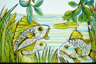 Stained glass windows - Stained glass window with carp and apple tree