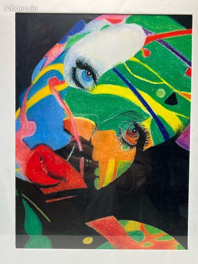 Tableau encadré portrait aux pastels – Art psychédélique contemporain – Œuvre originale datée 2011