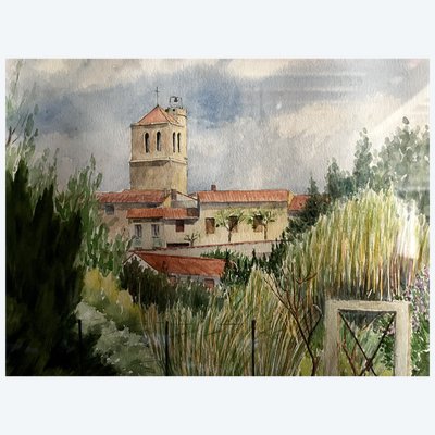 Village church in the Aude region, framed watercolor under glass.