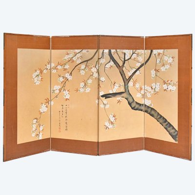 Paravent japonaise Byobu à quatre panneaux représentant une branche de cerisier en fleurs