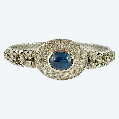 Vintage-Armband aus den 1970er Jahren mit Cabochon-Saphir und Pavé-Diamanten auf Weißgold