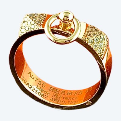 Anello Hermès "Collier de Chien" in oro rosa con pavé di diamanti e scatola originale.