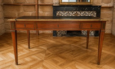 Large Parisian Flat Center Desk with Pull-Out Drawers, Louis XVI Style, Mahogany and Gilt Bronze, 19th Century