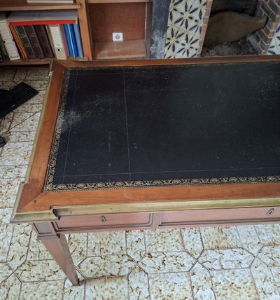 Large Parisian Flat Center Desk with Pull-Out Drawers, Louis XVI Style, Mahogany and Gilt Bronze, 19th Century