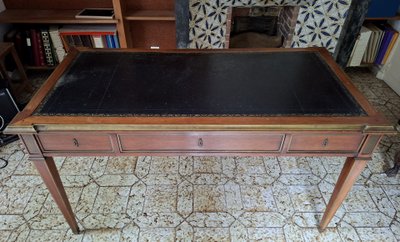 Large Parisian Flat Center Desk with Pull-Out Drawers, Louis XVI Style, Mahogany and Gilt Bronze, 19th Century