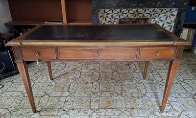 Large Parisian Flat Center Desk with Pull-Out Drawers, Louis XVI Style, Mahogany and Gilt Bronze, 19th Century