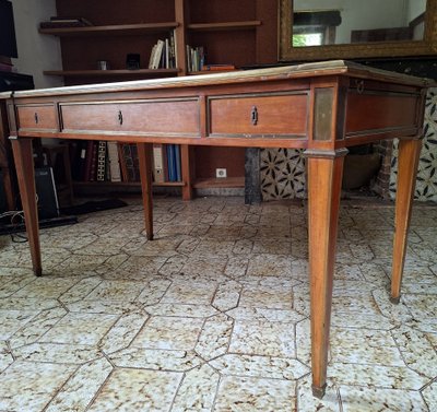 Large Parisian Flat Center Desk with Pull-Out Drawers, Louis XVI Style, Mahogany and Gilt Bronze, 19th Century