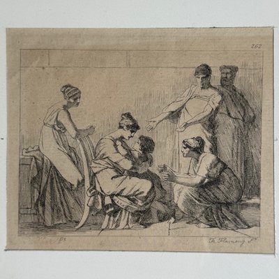 Antique engraving by Leopold Flameng depicting a scene in the classical style