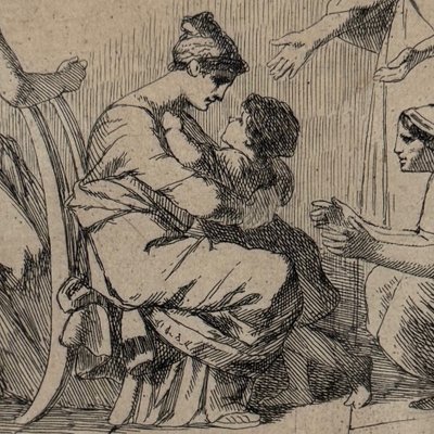 Antique engraving by Leopold Flameng depicting a scene in the classical style