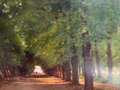 Sentiero per passeggiate a cavallo, grande olio su tela del XIX secolo, firmato