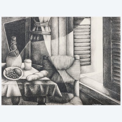 Georges BAUQUIER, Original drawing "Interior with Charlotte Perriand chair"