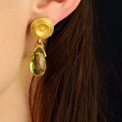 Boucles d'oreilles or mat et quartz lemon facetté