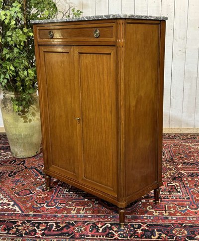 Small Louis XVI style cabinet in mahogany, oak and marble top
