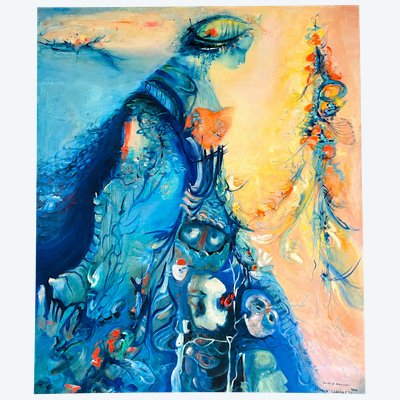Julia Musson-Laboureau Grand Tableau Bleu Expressionniste signé 1982