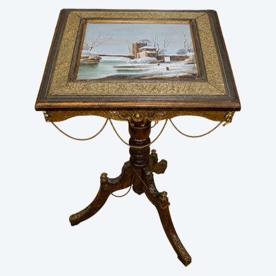 Table guéridon Napoléon III à plateau peint sur porcelaine