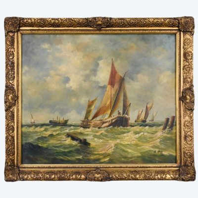 Tableau « Voiliers en Mer Agitée » signé Albert Hess - Milieu XXe