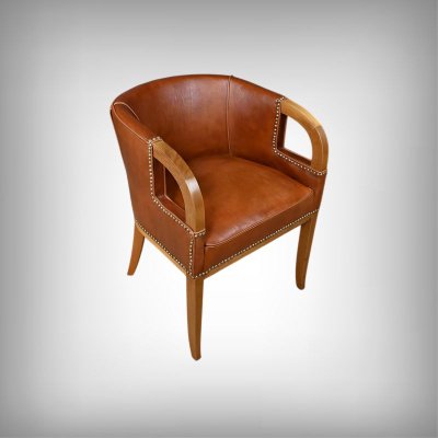 Set di 4 poltrone in noce e pelle, stile Art Déco - 1940