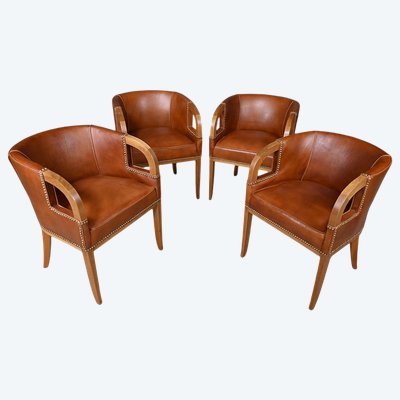 Suite de 4 Fauteuils en Noyer & Cuir, Art Déco – 1940