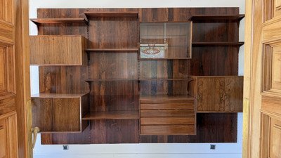 ETAGÈRE MODULAIRE MURALE SCANDINAVE EN PALISSANDRE, POUL CADOVIUS, ANNÉES 60
