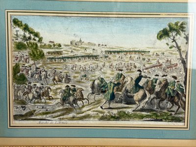 GRAVURE XVIIIe REHAUSSÉE A L AQUARELLE " MARCHE DE L ARMÉE " BIEN ENCADRÉ