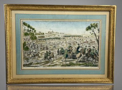 GRAVURE XVIIIe REHAUSSÉE A L AQUARELLE " MARCHE DE L ARMÉE " BIEN ENCADRÉ