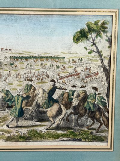 GRAVURE XVIIIe REHAUSSÉE A L AQUARELLE " MARCHE DE L ARMÉE " BIEN ENCADRÉ