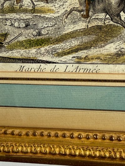 GRAVURE XVIIIe REHAUSSÉE A L AQUARELLE " MARCHE DE L ARMÉE " BIEN ENCADRÉ