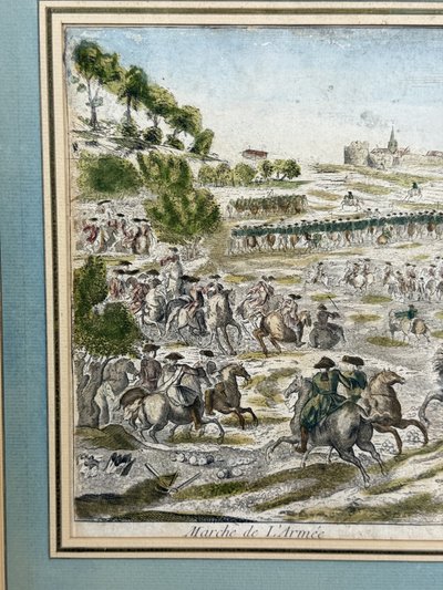 GRAVURE XVIIIe REHAUSSÉE A L AQUARELLE " MARCHE DE L ARMÉE " BIEN ENCADRÉ