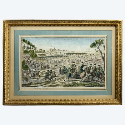 GRAVURE XVIIIe REHAUSSÉE A L AQUARELLE " MARCHE DE L ARMÉE " BIEN ENCADRÉ