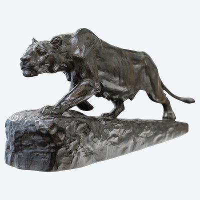 SCULPTURE - LIONNE À L’ AFFÛT , ISIDORE BONHEUR (1827-1901) - BRONZE