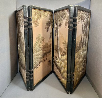 Japanese screen, black lacquer and silk, circa 1900