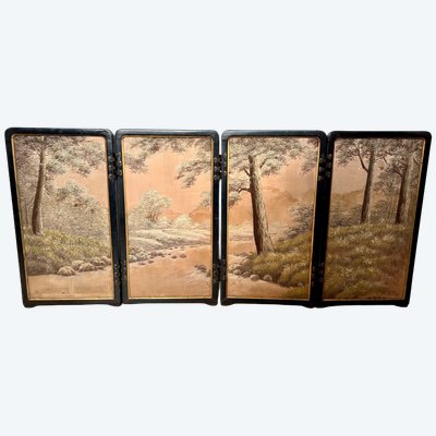 Japanese screen, black lacquer and silk, circa 1900