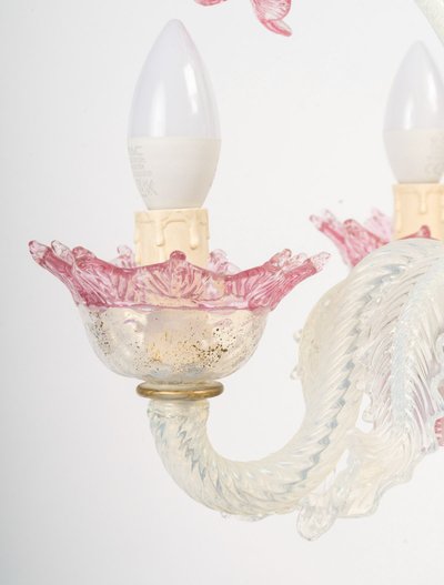 Candélabre vénitien en verre de Murano blanc et rose à 5 lumières