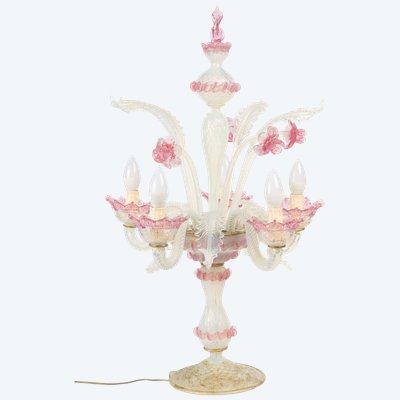Candélabre vénitien en verre de Murano blanc et rose à 5 lumières