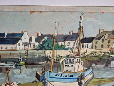 Painting by Michel Margueray: Boats in the port of Guilvinec at low tide, oil on cardboard