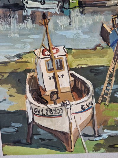 Painting by Michel Margueray: Boats in the port of Guilvinec at low tide, oil on cardboard
