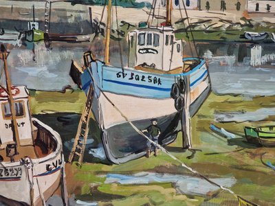 Painting by Michel Margueray: Boats in the port of Guilvinec at low tide, oil on cardboard