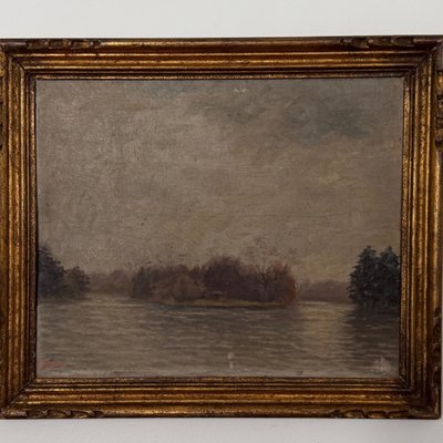 Huile sur panneau par G. Finot un îlot sur un étang début XXe
