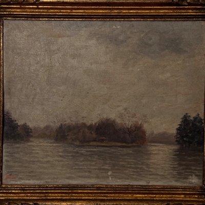 Huile sur panneau par G. Finot un îlot sur un étang début XXe