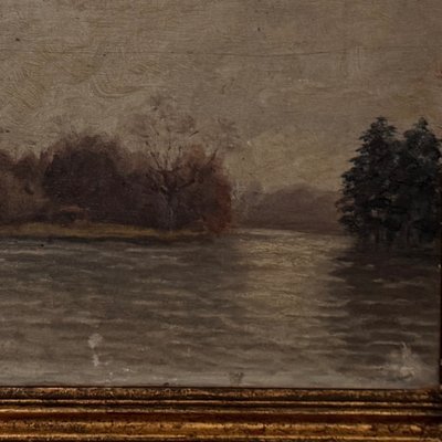 Huile sur panneau par G. Finot un îlot sur un étang début XXe