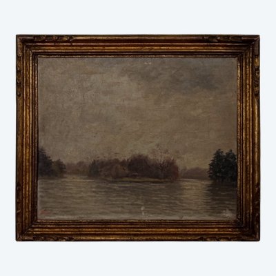 Huile sur panneau par G. Finot un îlot sur un étang début XXe