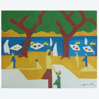 Michel HANNECART - (1945 - ..) - Promenade à Collioure - huile sur toile - 1987