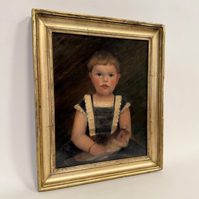 Huile sur toile XIXe jeune enfant portant son chat cadre doré
